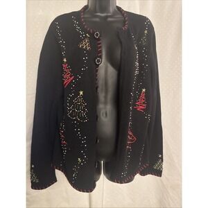 VTG Basic Editions Holiday/Christmas Cardigan  Sweater Beaded Trees‎ SZ MEDIUM